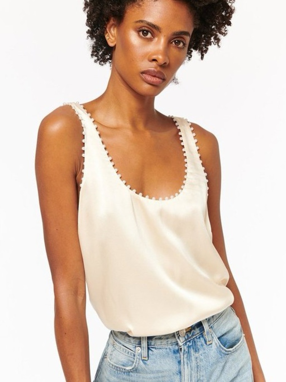 Cami NYC Lori Silk Pearl Trim Cami Tank Shell Top in Ceramic - Ivory Sz XS